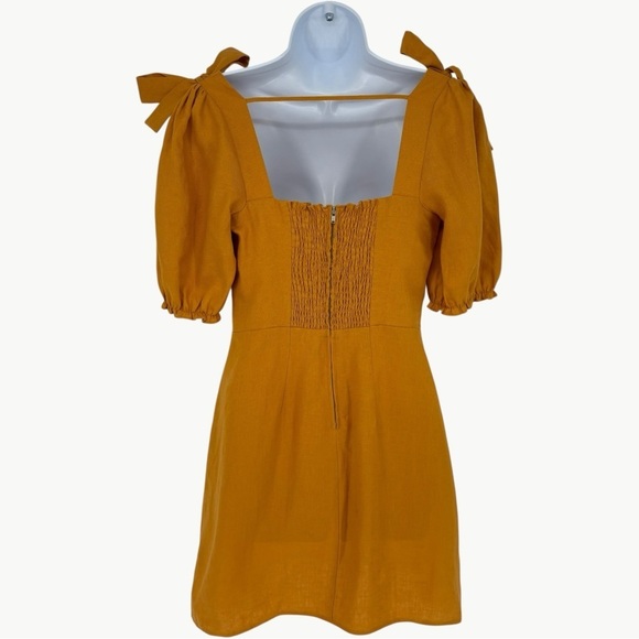 Reformation Spring Bow Linen Corset Mini Dress Size 6 Yellow Puff Sleeve A Line - Picture 9 of 14